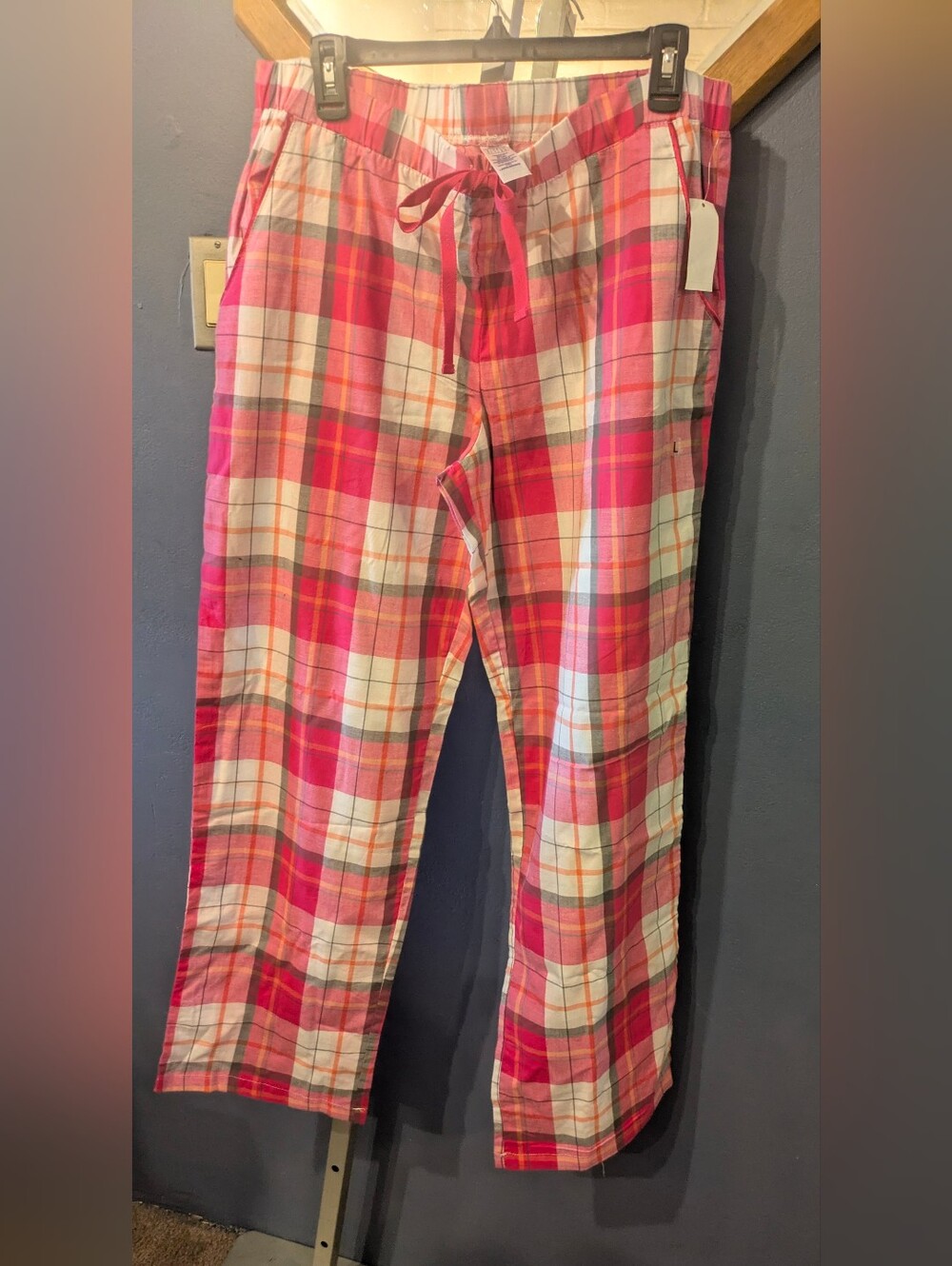 L Simply Styled Lightweight 100% Cotton Knit Lounge Pants, Pockets Pink Plaid